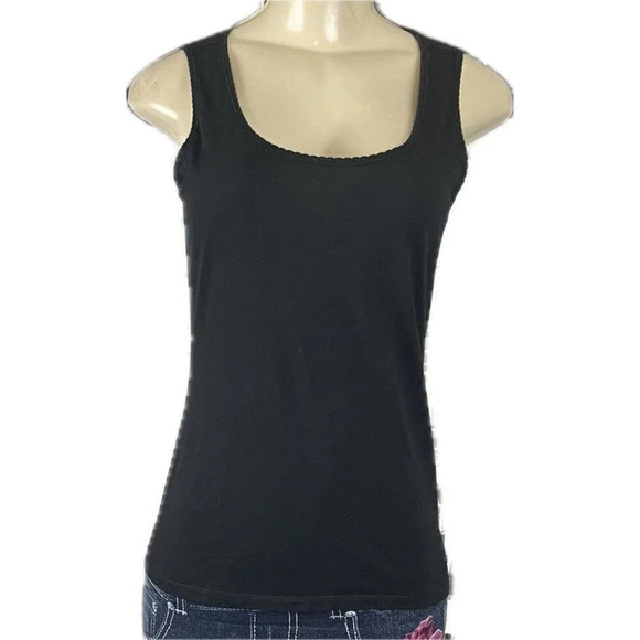 Talbots Petite S Black Scoop Neck Scalloped Trim Cotton Blend Tank Top - Picture 2 of 6
